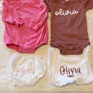 Olivia Pink and Brown bloomer burp cloth and 2 onesies set
